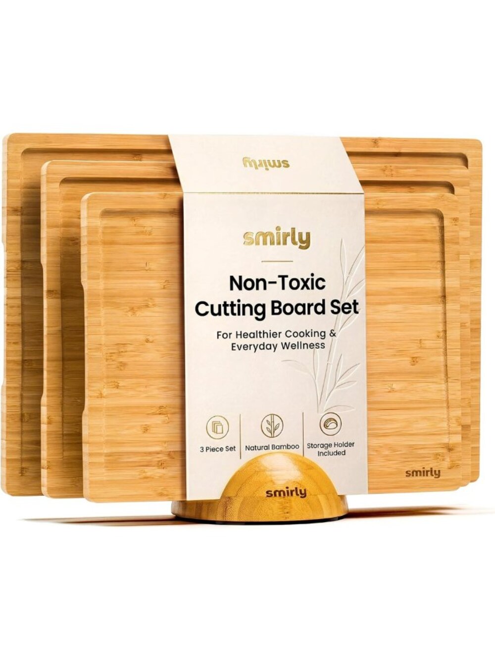 3-Piece Bamboo Cutting Board Set with Stand - Durable Kitchen Essentials